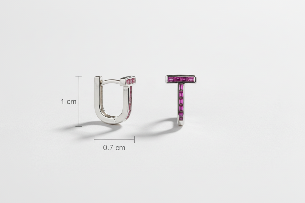 Two pairs of earrings with pink gemstones on a white background, showing measurements.