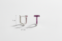 Two pairs of earrings with pink gemstones on a white background, showing measurements.