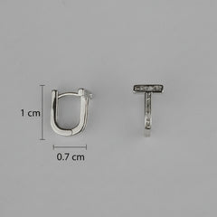 Two silver earrings, one U-shaped and one T-shaped, with measurements