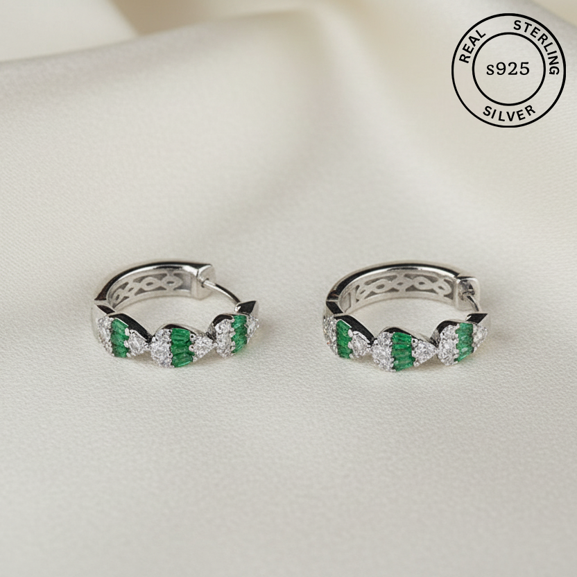 925 Sterling Silver Emerald Crown Hoops