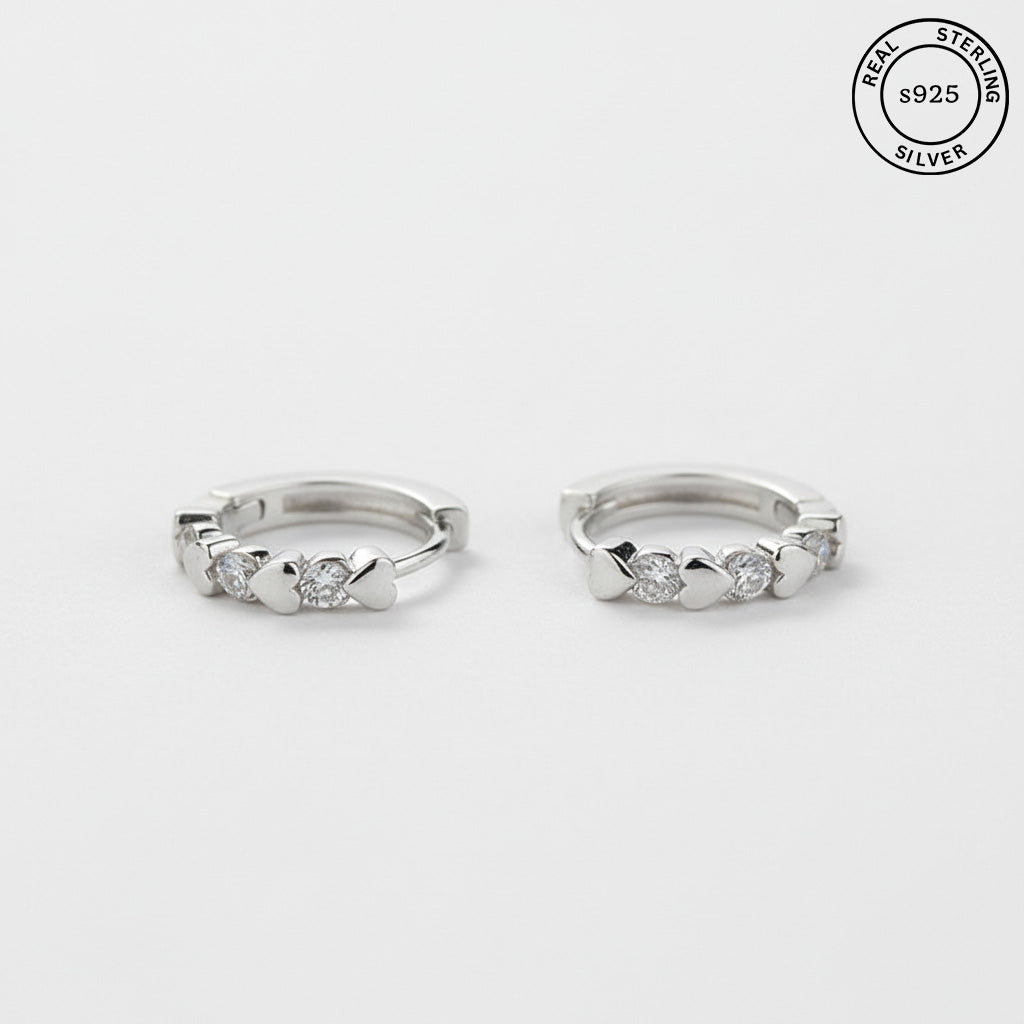 925 Sterling Silver Heart Crystal Huggie Hoop Earrings