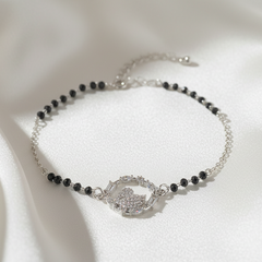 925 Sterling Silver Swan Black Bead bracelet with a silver clasp on a white background