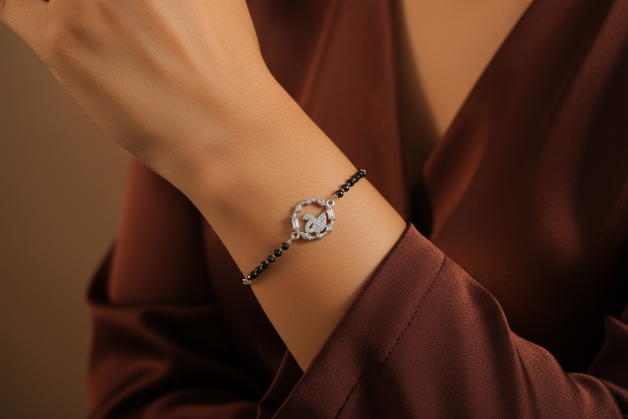 925 Sterling Silver Swan Black Bead Bracelet with a decorative clasp on a wrist against a brown background