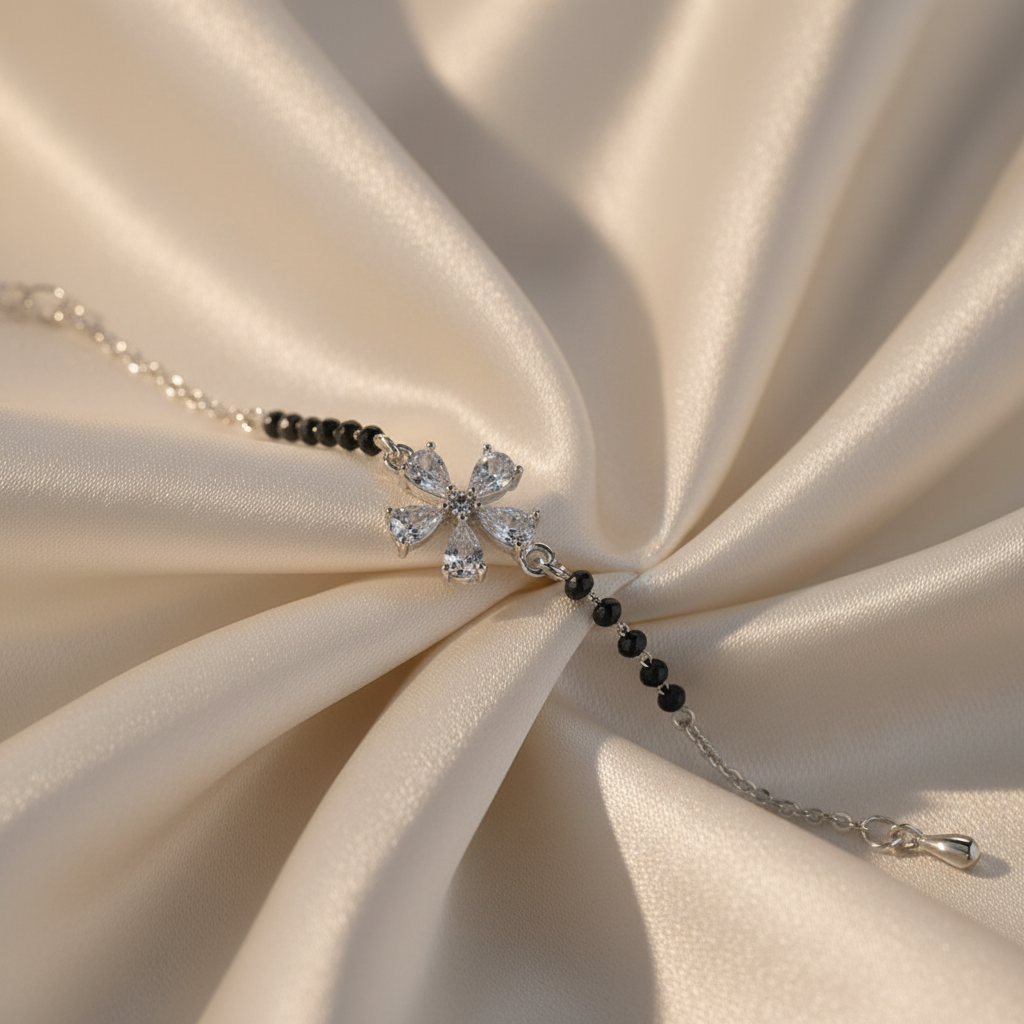 925 Sterling Silver Floral Black Bead Bracelet