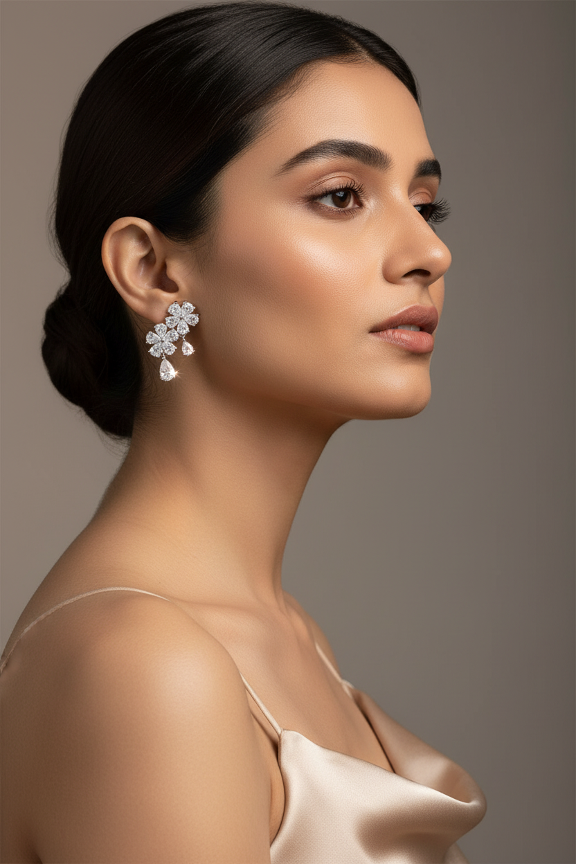 Woman wearing Silver Rani CZ Flower Stud Earrings
