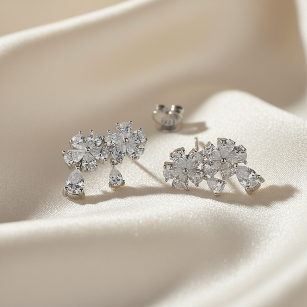 Silver Rani CZ Flower Stud Earrings
