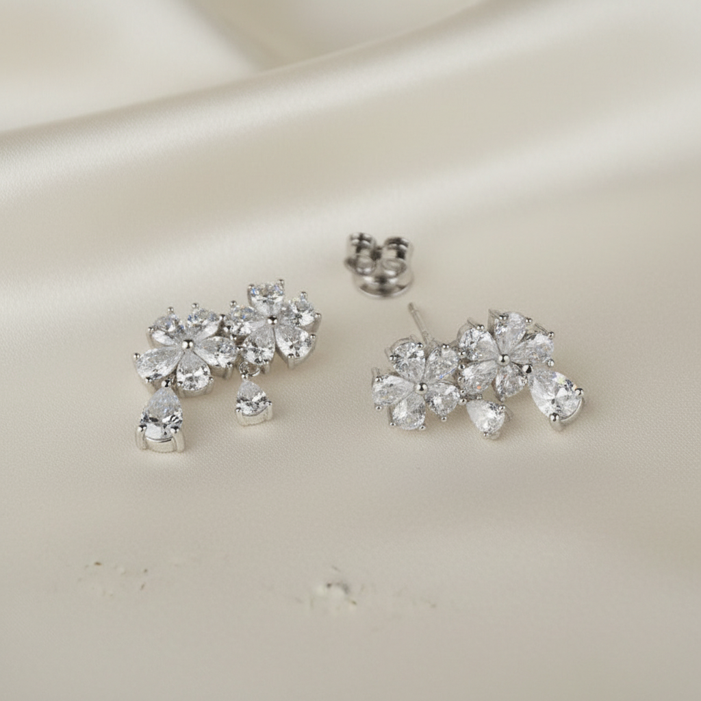 Silver Rani CZ Flower Stud Earrings