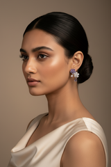 Woman wearing 925 Sterling Silver Purple Floral Drop Earrings