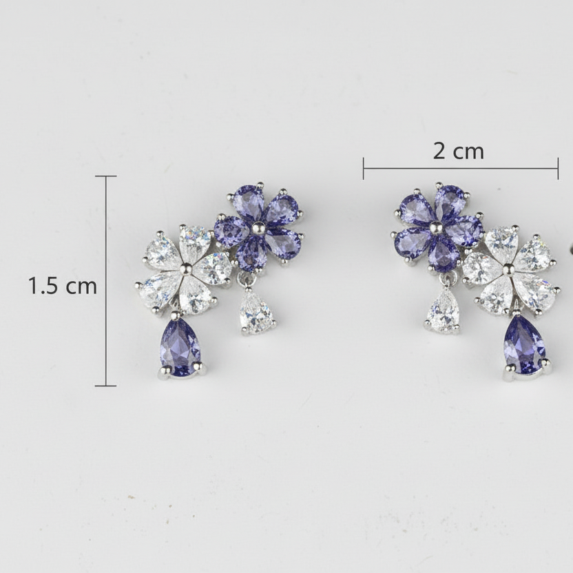 Pair of earrings with purple and clear gemstones, shown with measurements on a light gray background.