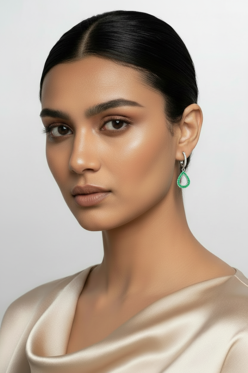 Woman wearing a beige top and green earrings against a light background