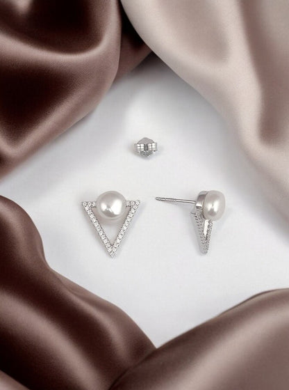 Silver Triangular Pearl Studs