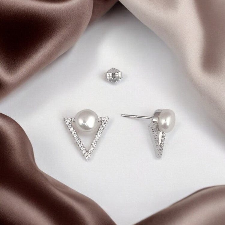 Silver Triangular Pearl Studs