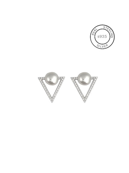 Silver Triangular Pearl Studs