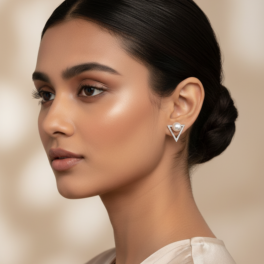 Silver Triangular Pearl Studs