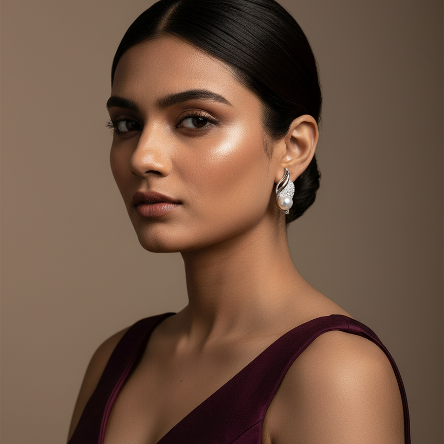 Woman wearing a deep purple dress and Silver Sea Shell Pearl Studs