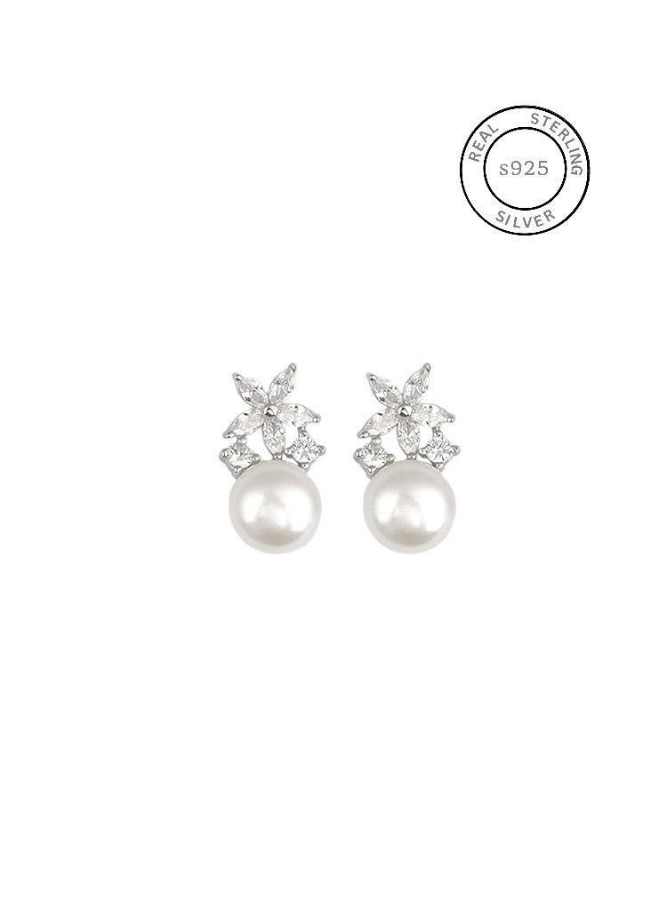 Silver Floral Pearl Studs