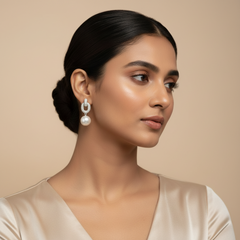 Woman wearing Silver Pearl Drop Dangles