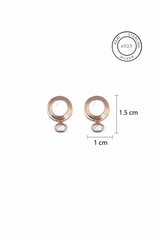Rose gold earrings with pearl drops and measurement details on a white background