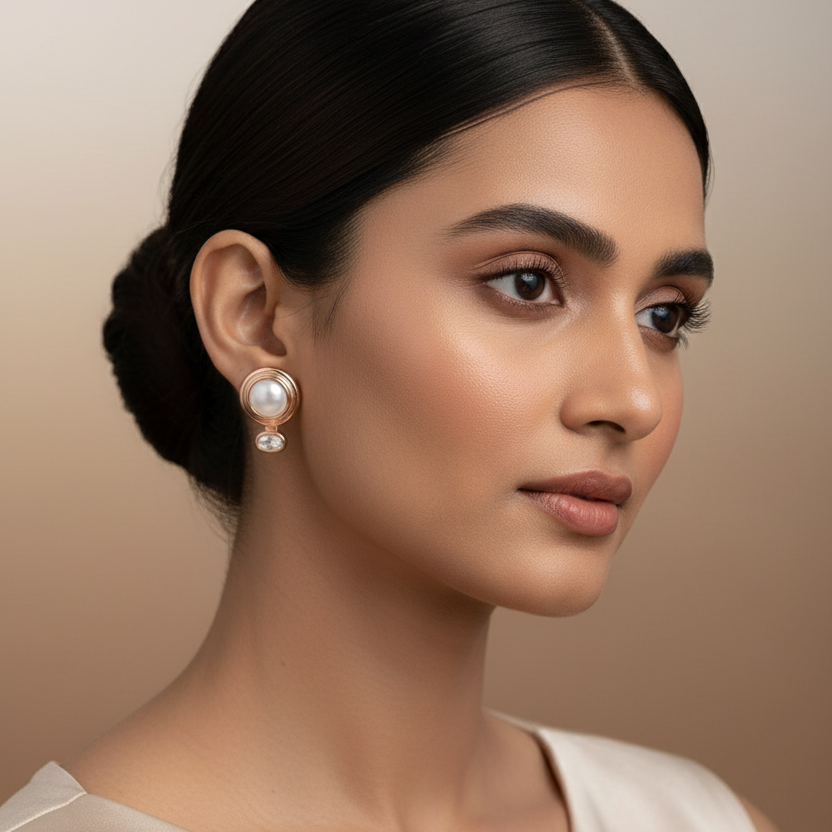 Woman wearing Rosegold Mother Of Pearl Studs