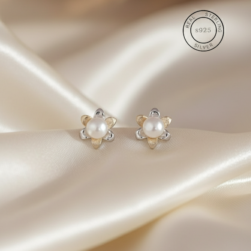 Silver Floral Pearl Studs