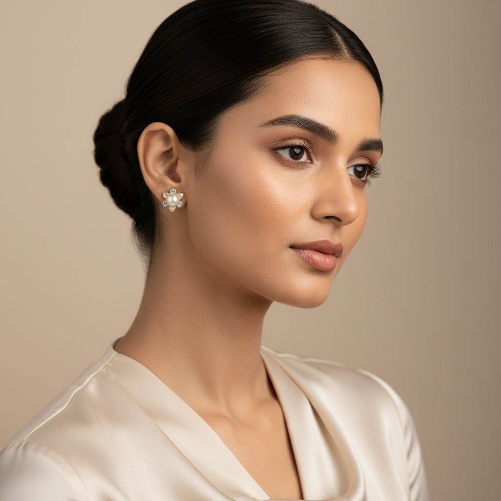 Woman wearing Silver Floral Pearl Studs