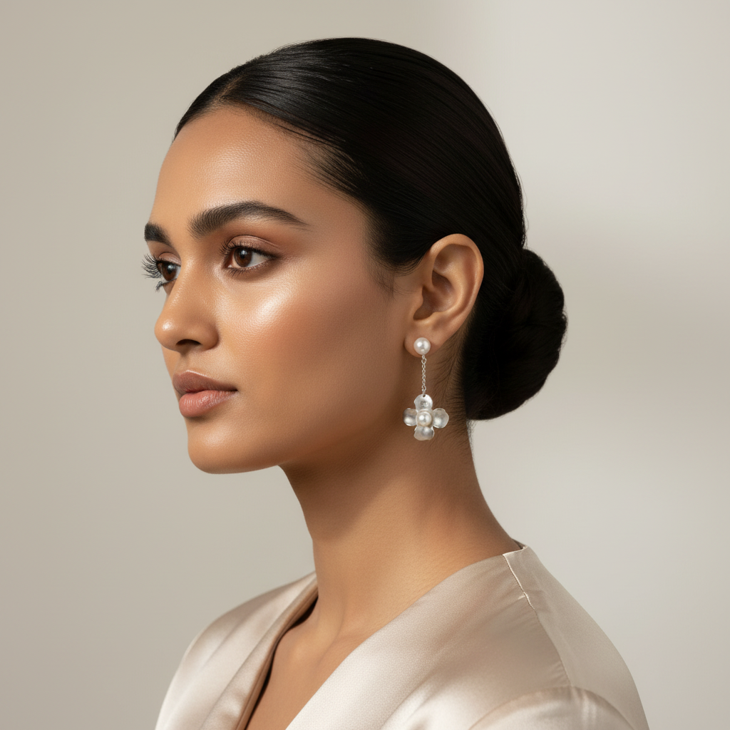 Woman wearing Silver Lily floral pearl Danglers