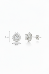 Pair of silver earrings with clear gemstones on a white background, shown with measurement scale.