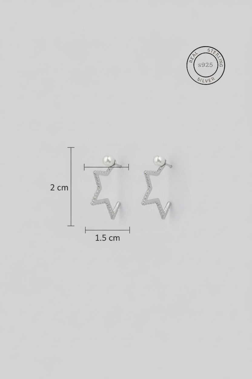 Star-shaped silver earrings with measurements and '925 Sterling Silver' stamp on a gray background
