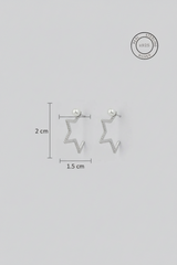 Star-shaped silver earrings with measurements and '925 Sterling Silver' stamp on a gray background