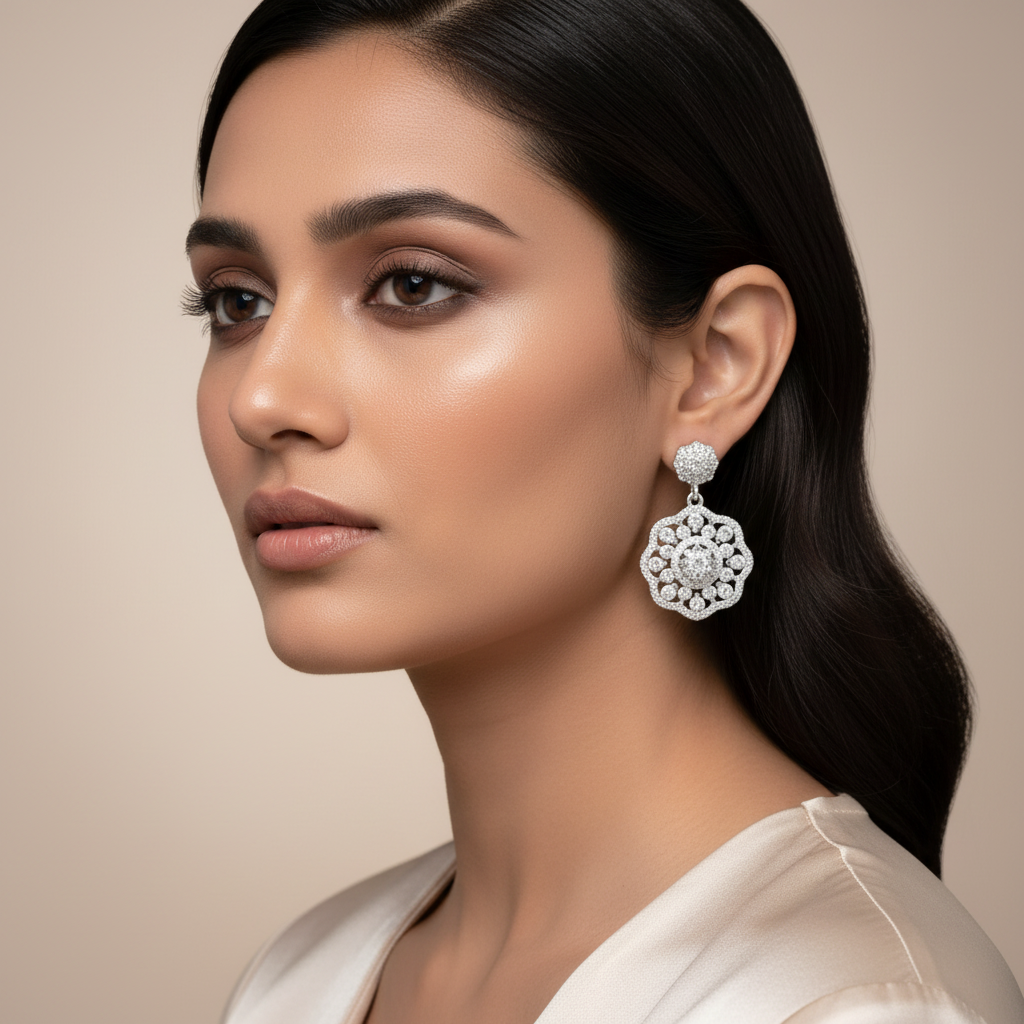 Woman wearing a floral earring -Silver Zircon Elegance Danglers