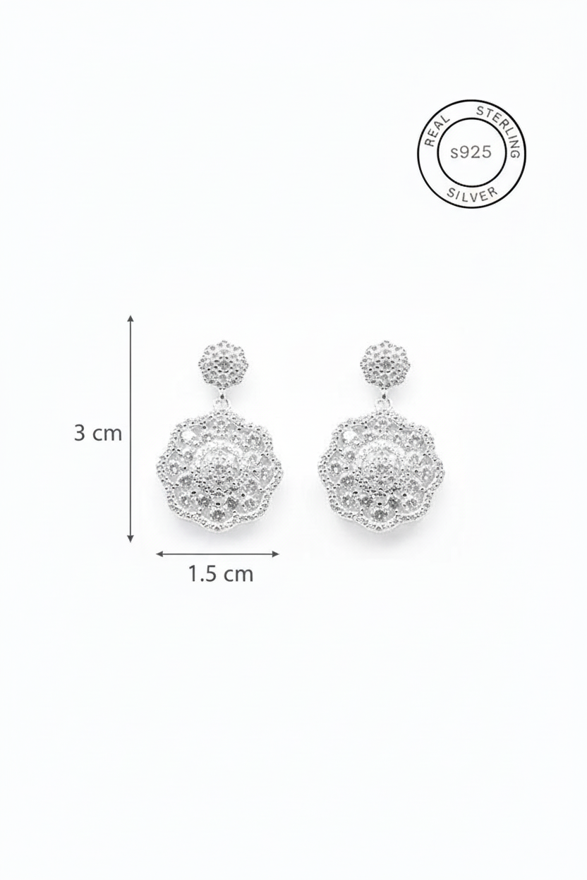 Silver earrings with measurement details on a white background