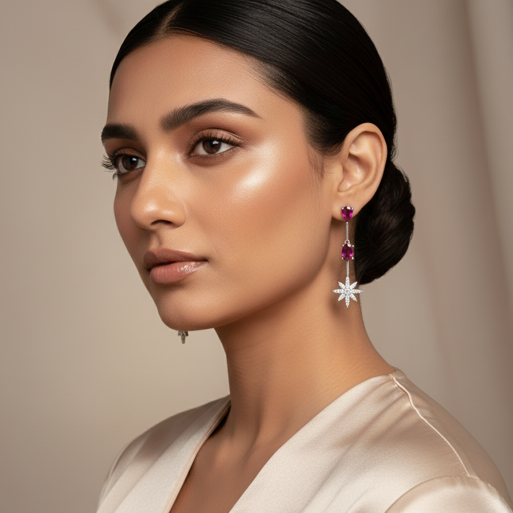Woman wearing Silver Rani Pink Star Dangle Earrings