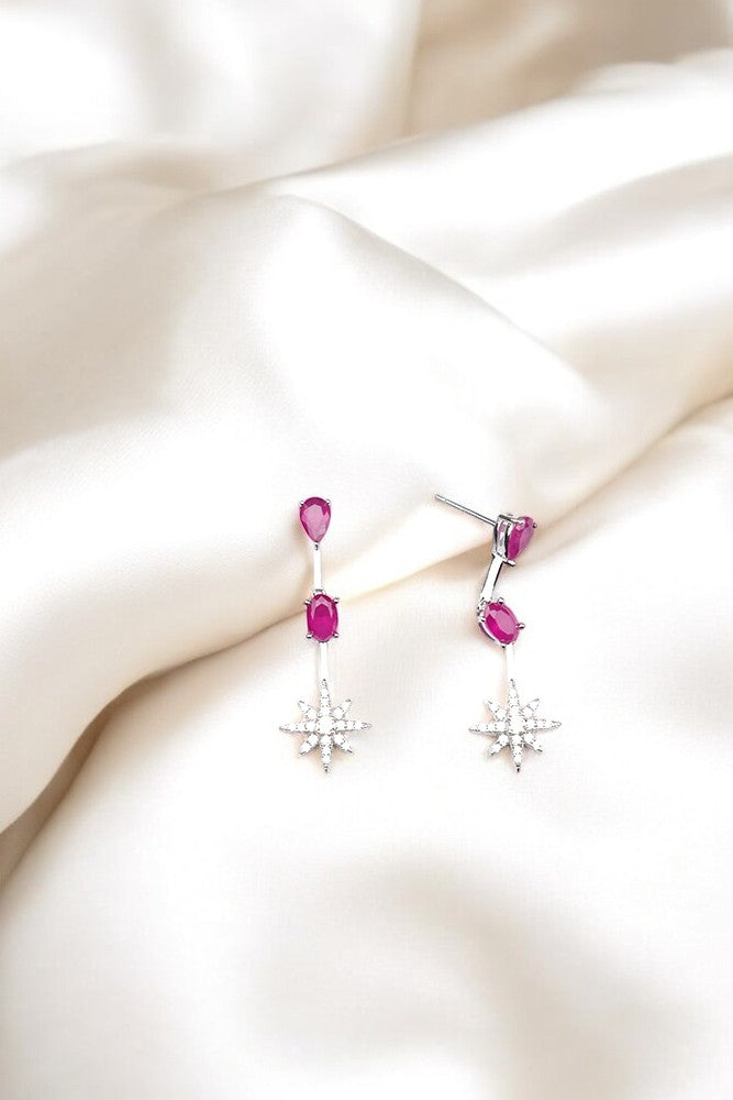 Silver Rani Pink Star Dangle Earrings