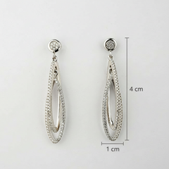 Silver earrings with measurement details on a white background