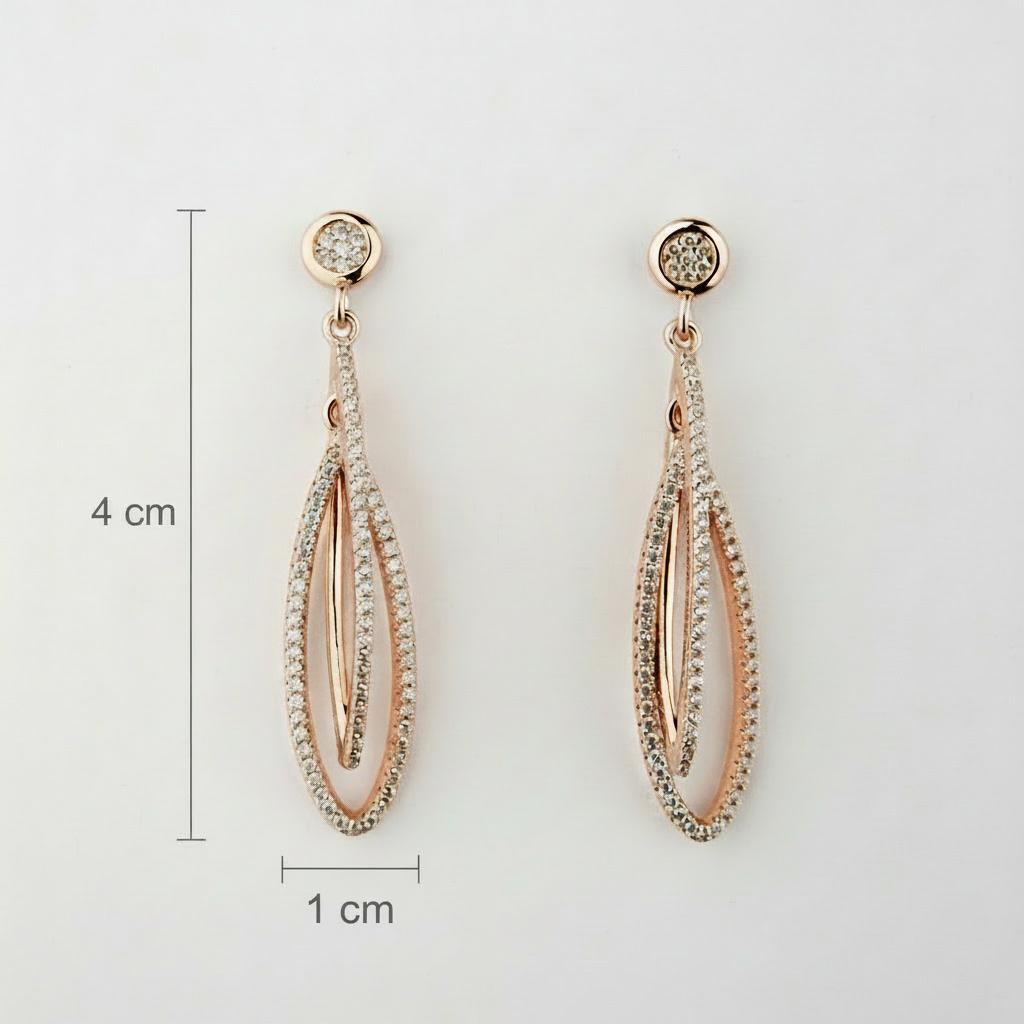 Rose gold earrings with diamond accents, shown with measurements 