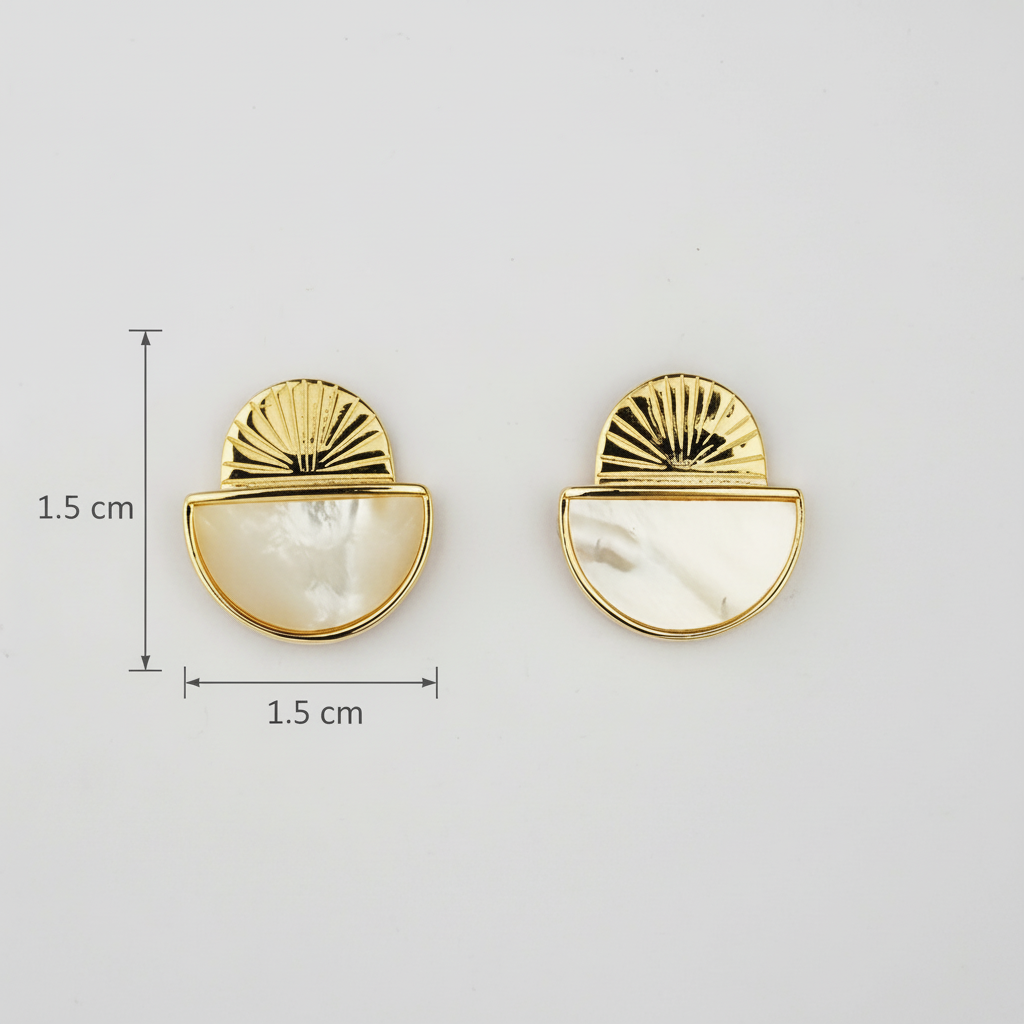 Gold earrings with a half-circle design showing measurements.