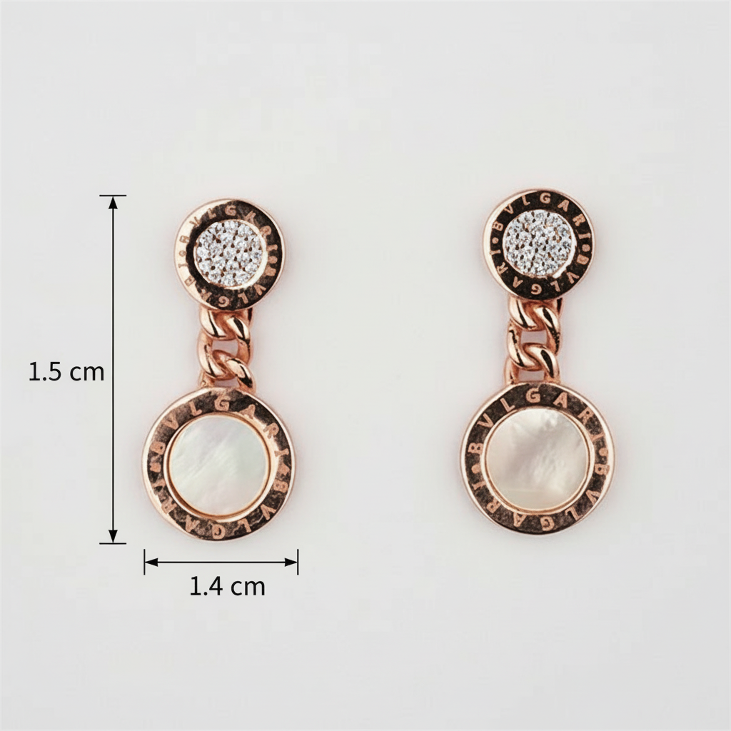 Rose gold earrings with mother of pearl stones and measurements 