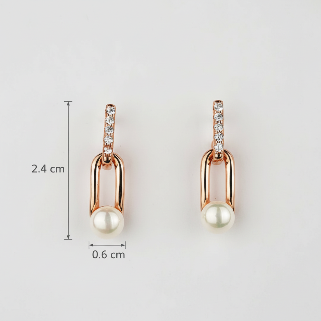 Rose gold earrings with pearls and diamonds, shown with measurements 