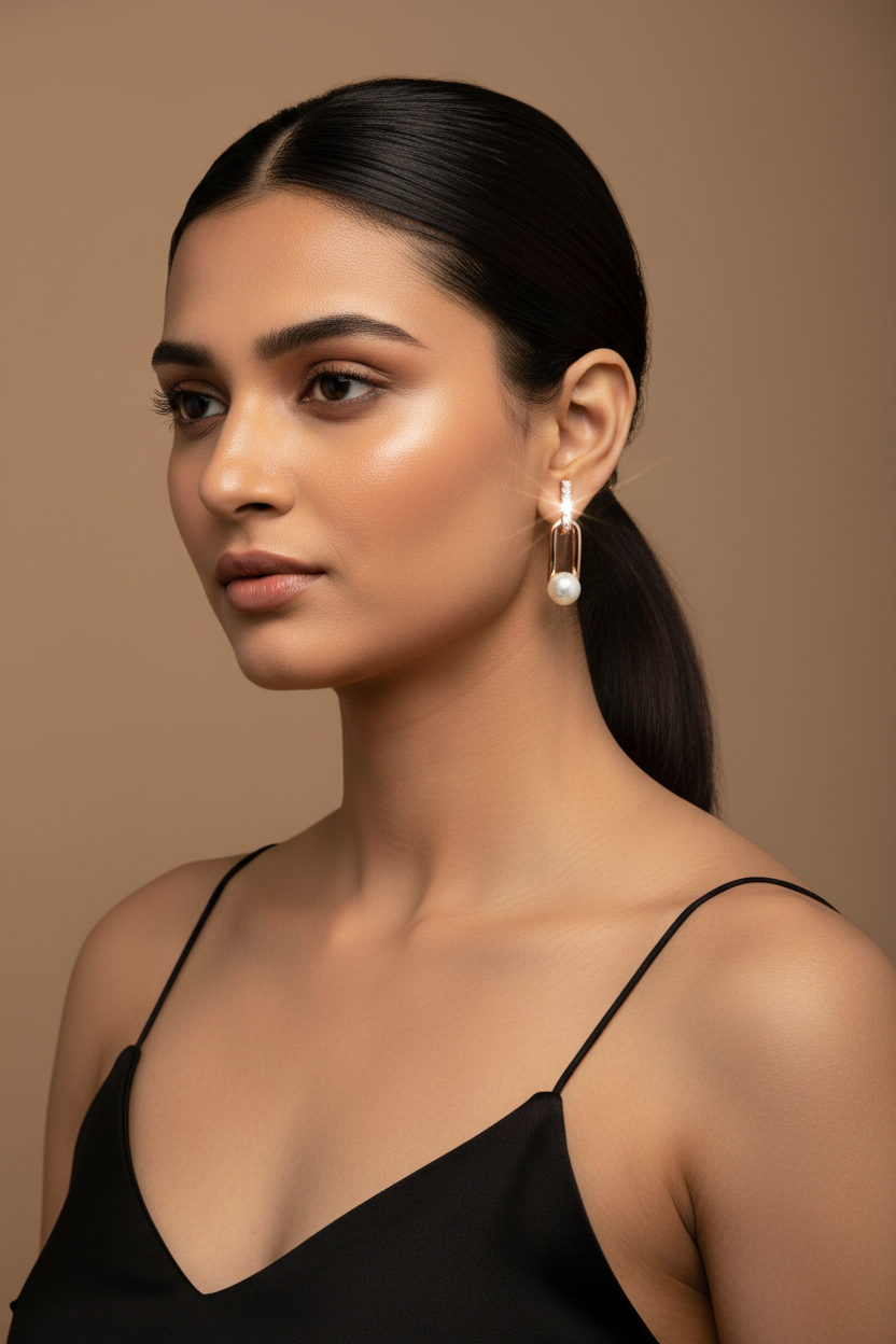 Woman wearing a black top and pearl earrings