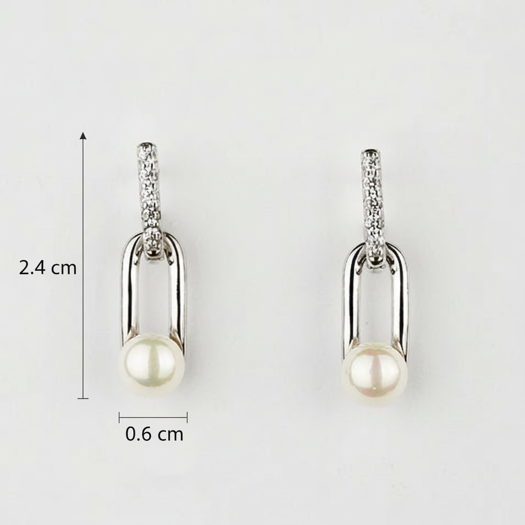 Silver earrings with pearls and gemstones, shown with measurements 