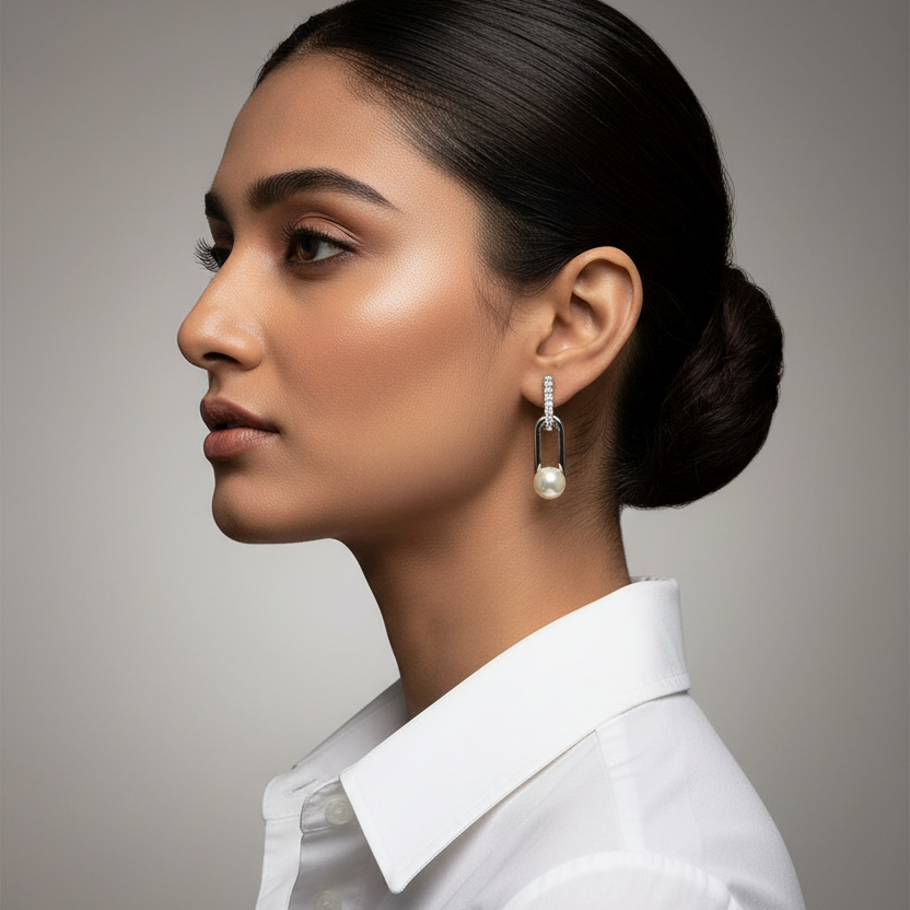 Woman wearing a white shirt and pearl earring
