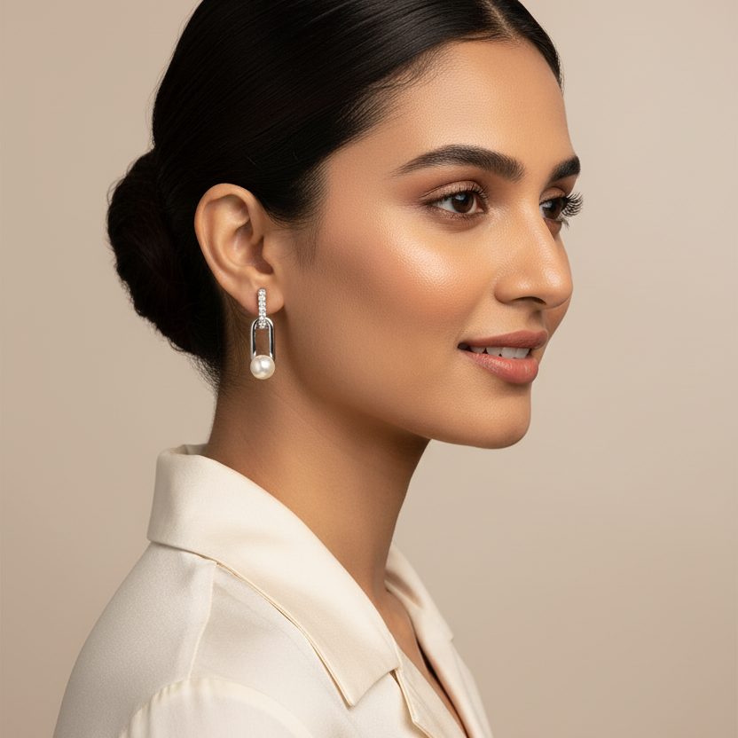 Woman wearing a 925 Sterling Silver pearl earrings earrings