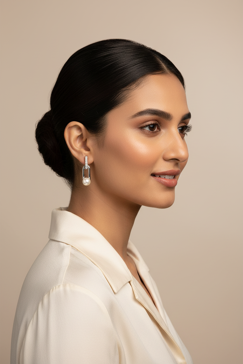 Woman with styled hair and 925 Sterling Silver Pearl earrings 
