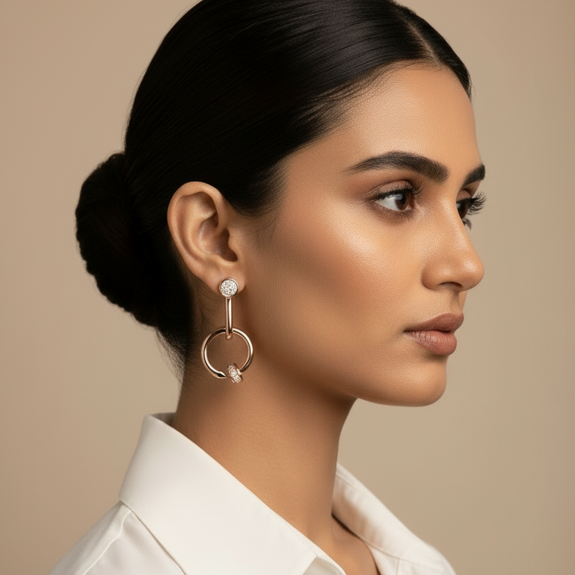 Woman wearing 925 Sterling Silver rosegold earrings 