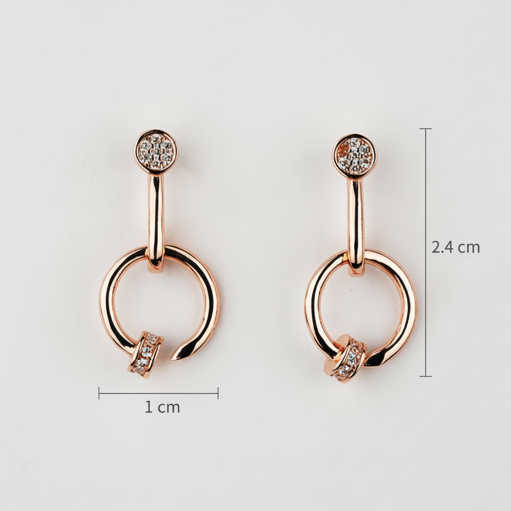 Rose gold hoop earrings with small gemstones, shown with measurements on a light gray background.