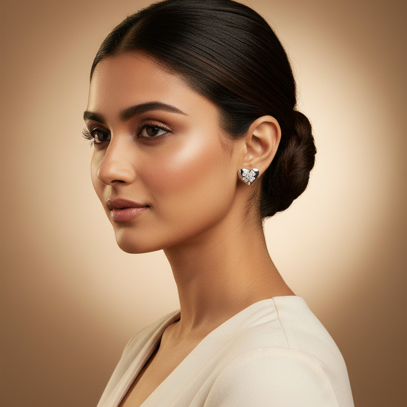 Woman wearing 925 Sterling Silver Heart Studs