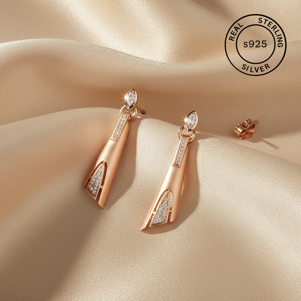 Rose gold earrings with clear gemstones featuring 'Real Sterling Silver' stamp.