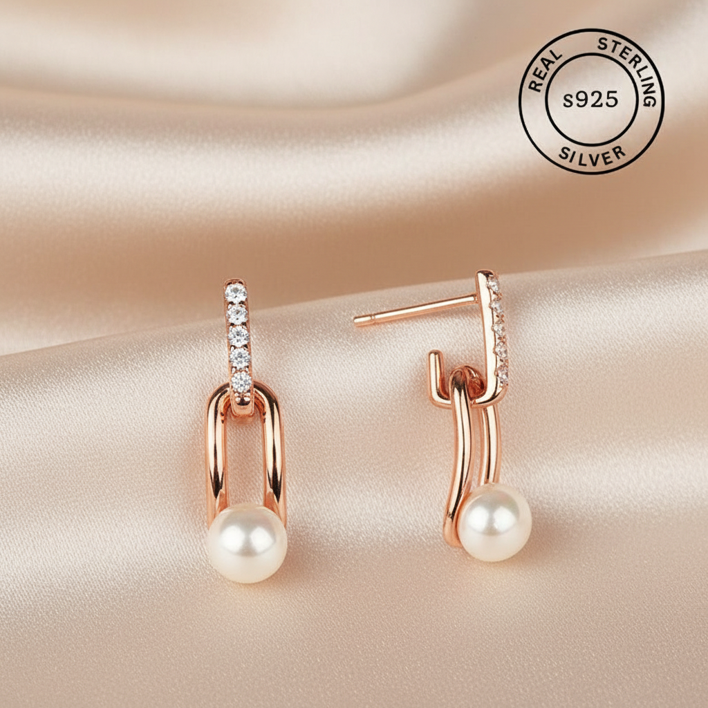 Rose gold earrings with pearls and diamonds featuring 'Real Sterling Silver' stamp