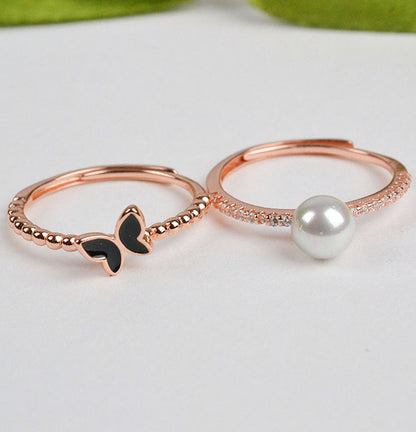 925 Sterling Silver Enchanting Duo Pearl and Black Butterfly Stack Rings