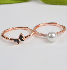 925 Sterling Silver Enchanting Duo Pearl and Black Butterfly Stack Rings